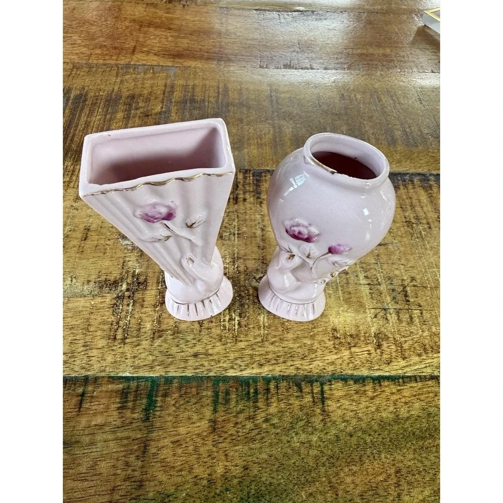 Pair Royal Japan Hand Holding Vases Pink Rose Hand Painted Ceramic Vintage decor